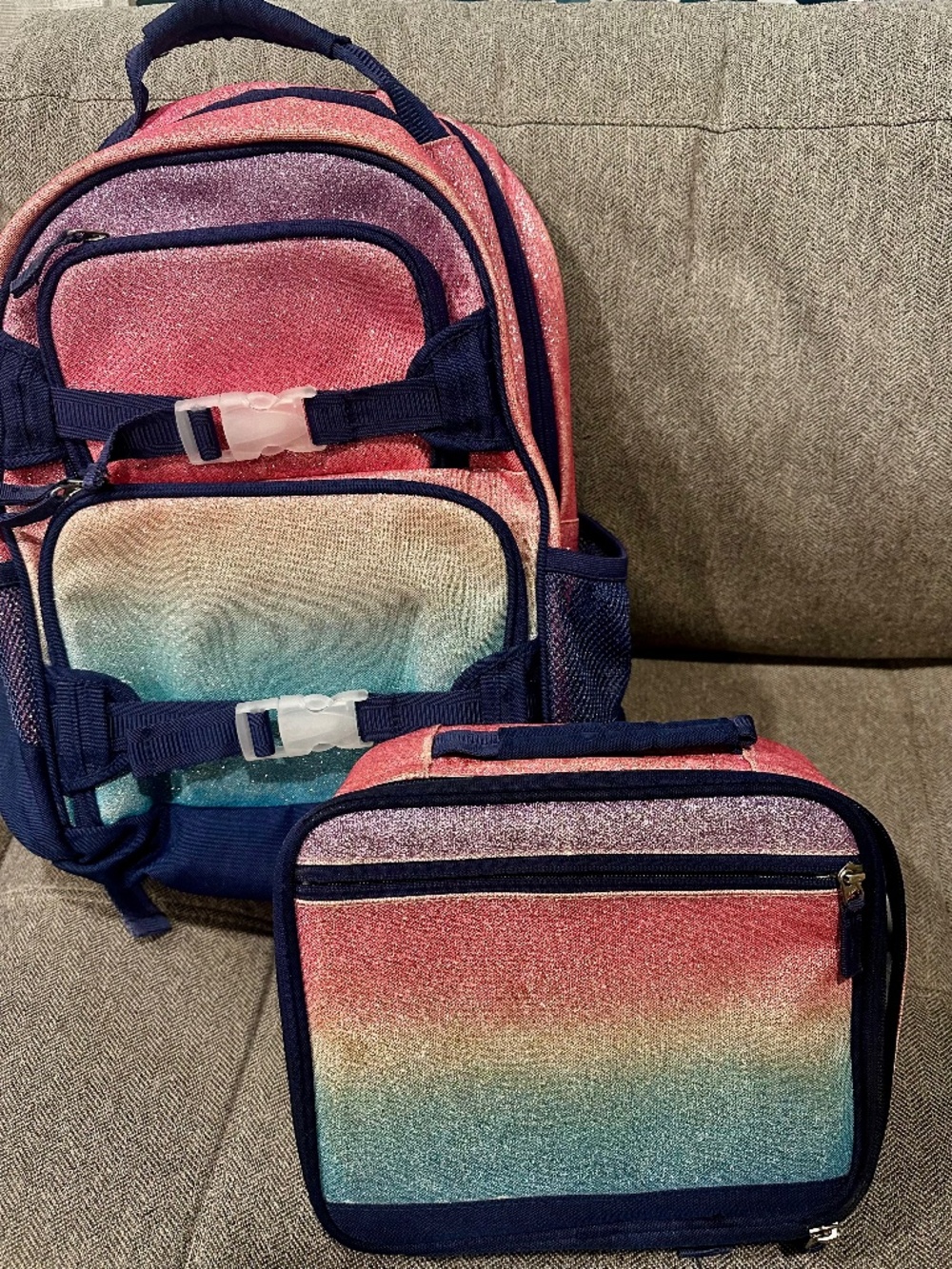 Pottery Barn Kids Rainbow Glitter MacKenzie backpack and lunch bag